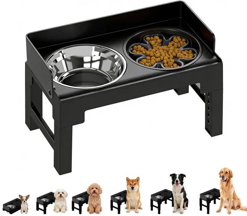PAKEWAY Bols surélevés pour chien — 6 hauteurs, inclinaison 5°, anti-déversement, bol inox lent XL et bol eau