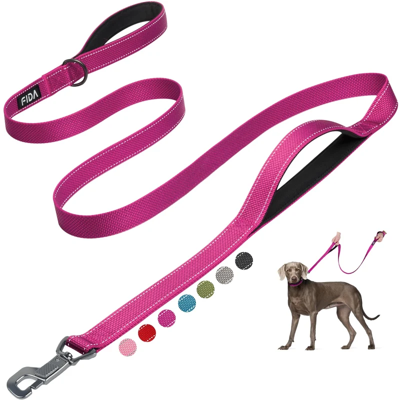 Laisse pour chien Fida 6 pieds – 2 poignées rembourrées, poignée trafic, réfléchissante, rose