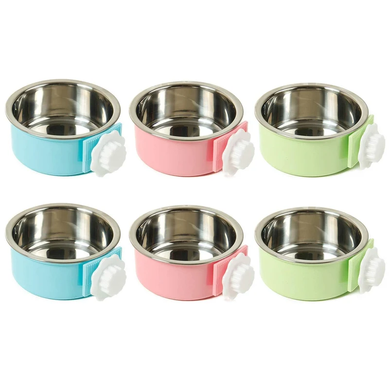 Kathson Bol Suspendu pour Cage – Ensemble de 6 Bols en Acier Inoxydable (Taille M) – 2 Bleus, 2 Verts et 2 Roses