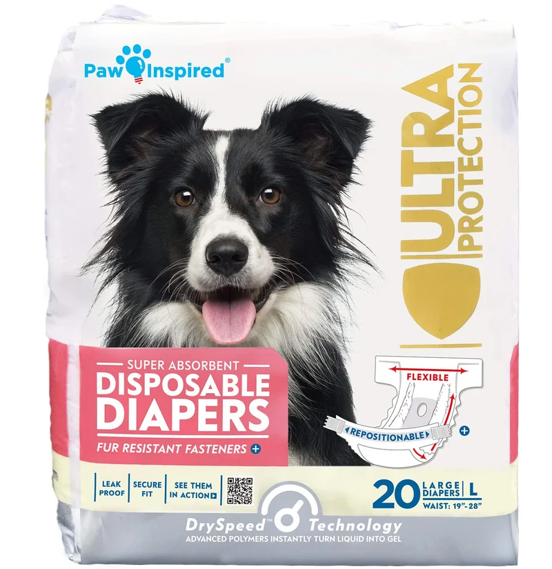Paw Inspired – Couches jetables pour chien (20 pièces, Taille Grand) – Protection Ultra pour chiennes en chaleur et incontinence