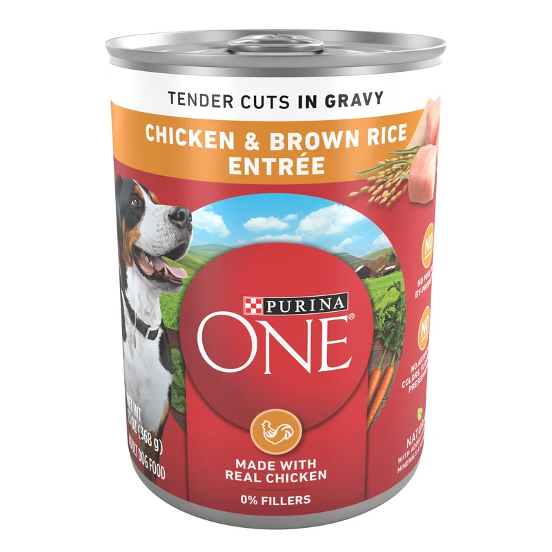 Purina ONE Nourriture humide naturelle pour chiens – Morceaux tendres en sauce au poulet et riz brun, 12 boîtes de 374 g (13 oz)