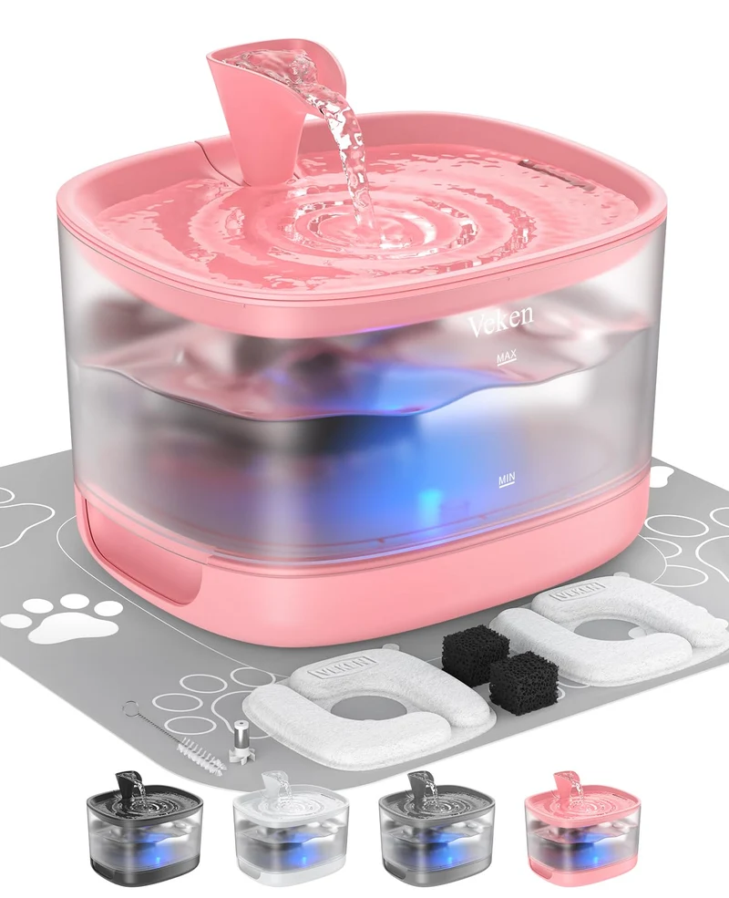 Veken Fontaine pour Chats – Réservoir Détachable, Filtration 5 Étapes, 2,5 L, Silencieuse, LED