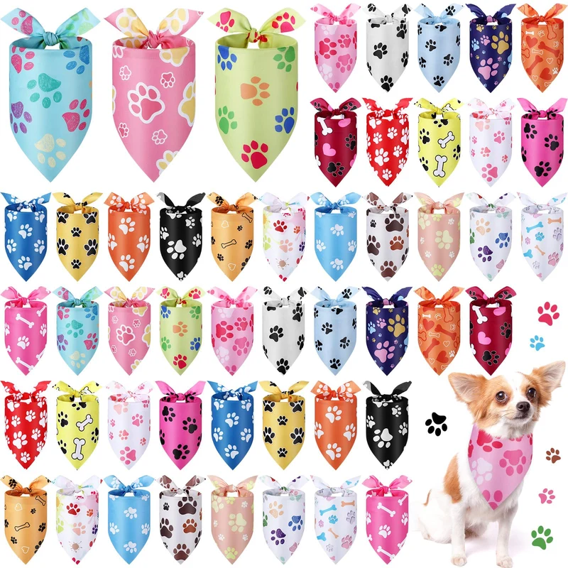Abbylike 50 pièces Bandanas pour Chien — Imprimé Patte et Motifs Variés, Taille 50×35 cm
