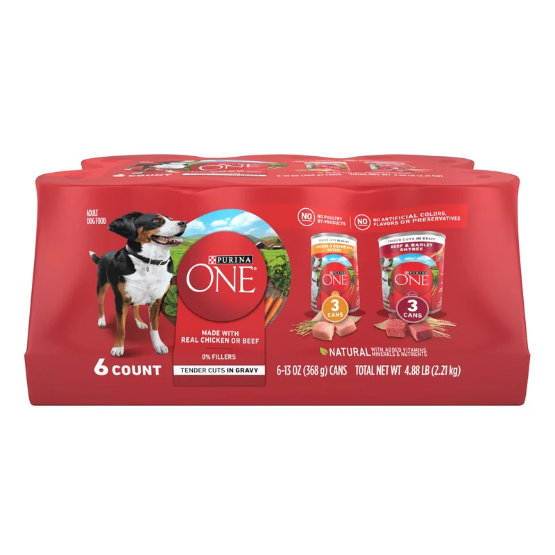 Purina ONE Morceaux Tendres en Sauce — Poulet et Riz Brun ou Boeuf et Orge, Pack Varié 2×6 boîtes 375 g