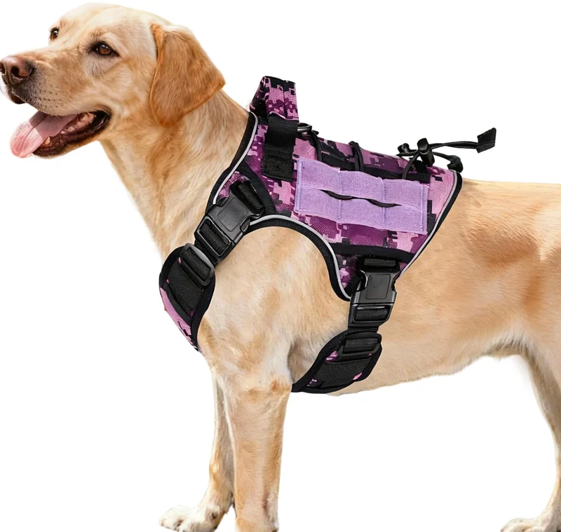 Bruvoalon Harnais Tactique Anti-Tirage pour Chien de Grande Taille — MOLLE, Réfléchissant Violet Camouflage, Taille M