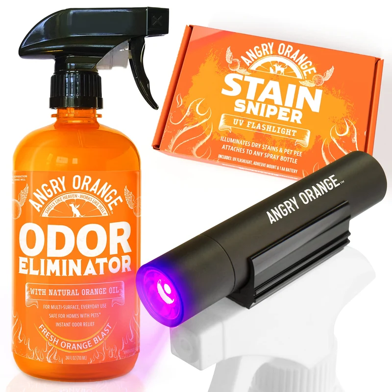 ANGRY ORANGE Éliminateur d'odeurs pour animaux – Urine Citrus 24 oz + Lampe UV