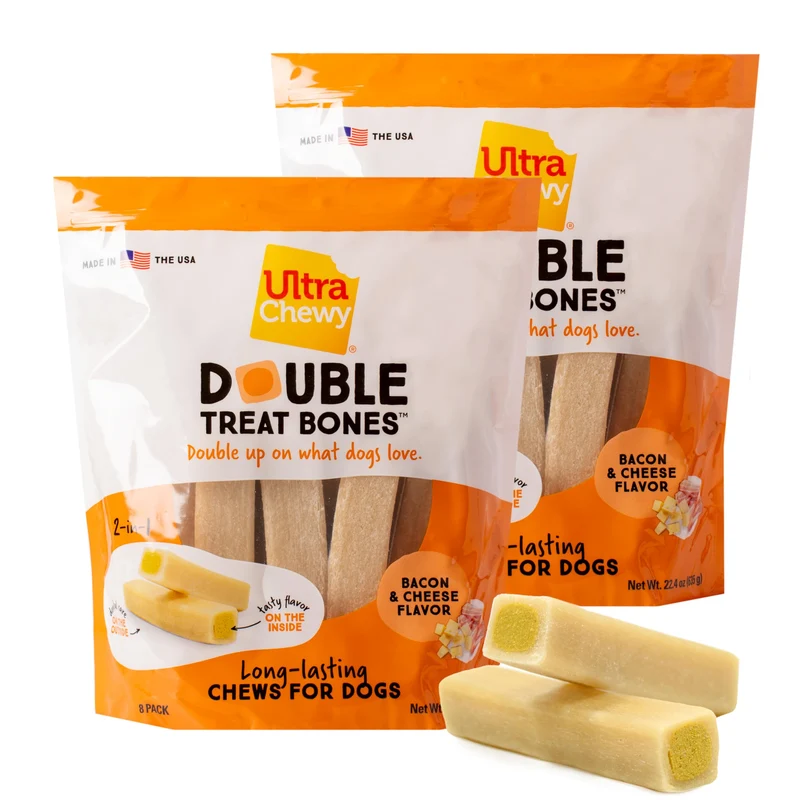Ultra Chewy Double Treat Bones – Friandises Durables pour Chiens de Toutes Tailles, Digestibles et Sans Cuir Brut (Bacon & Fromage, 2 Paquets)