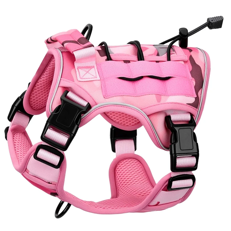 Bruvoalon Harnais Canin Tactique Durable Sans Tirage – MOLLE, 20 Couleurs, 5 Tailles, Reflectif, Rose Camouflage – Petite