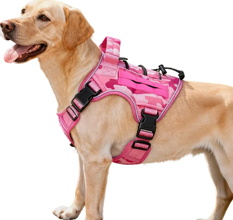 Bruvoalon Harnais Tactique Rose Camo pour Grands Chiens – Anti-Tirage, MOLLE
