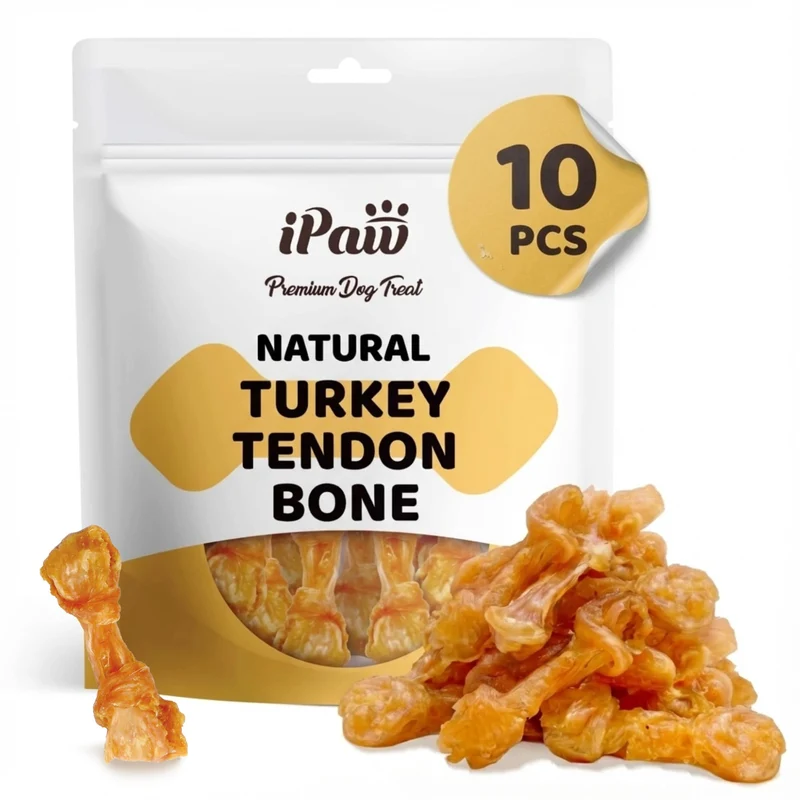 iPaw Lot de 10 Tendons de Dinde pour Chiens — Unique Protéine, Hypoallergénique, Os en Forme (Petit)