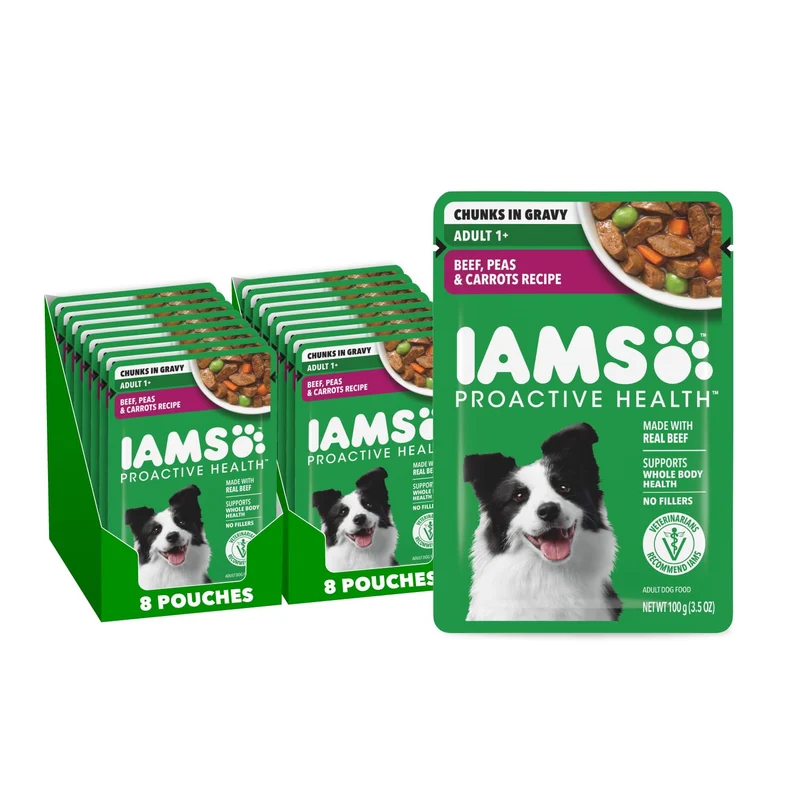 Aliment humide IAMS Proactive Health pour chiens adultes – Boeuf, Petits Pois et Carottes, sachet 3,5 oz (16 portions)