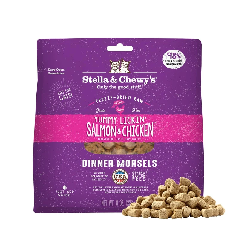 Stella & Chewy's Morsels Crues Lyophilisées pour Chat – Saumon Sauvage & Poulet Premium, 98% Protéines Sauvages & Cage-Free, Sans Céréales, Fabriqué aux États-Unis – 8 oz