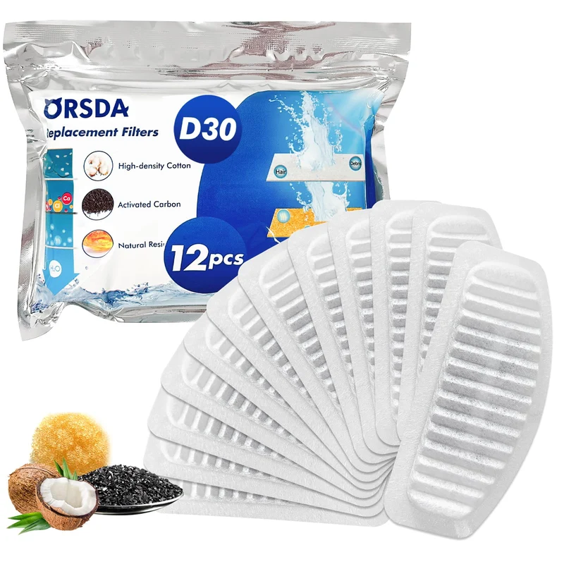 ORSDA Filtres pour Fontaine D30 2L – 12 Filtres Carbone, Résine et Coton, Système de 4 Couches