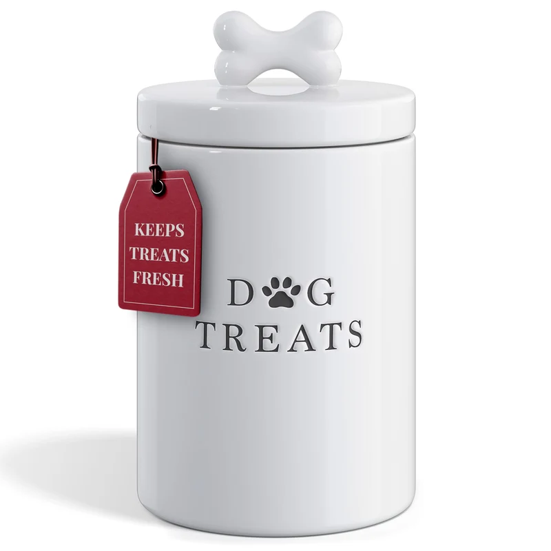 Barnyard Designs Grand Récipient Hermétique pour Friandises de Chien – Céramique Blanche Rustique