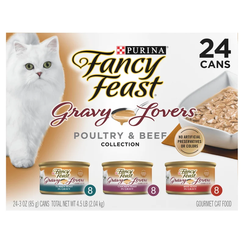 Fancy Feast Gravy Lovers – Variété Poulet et Boeuf Grillé en Sauce, 24 boîtes de 3 oz