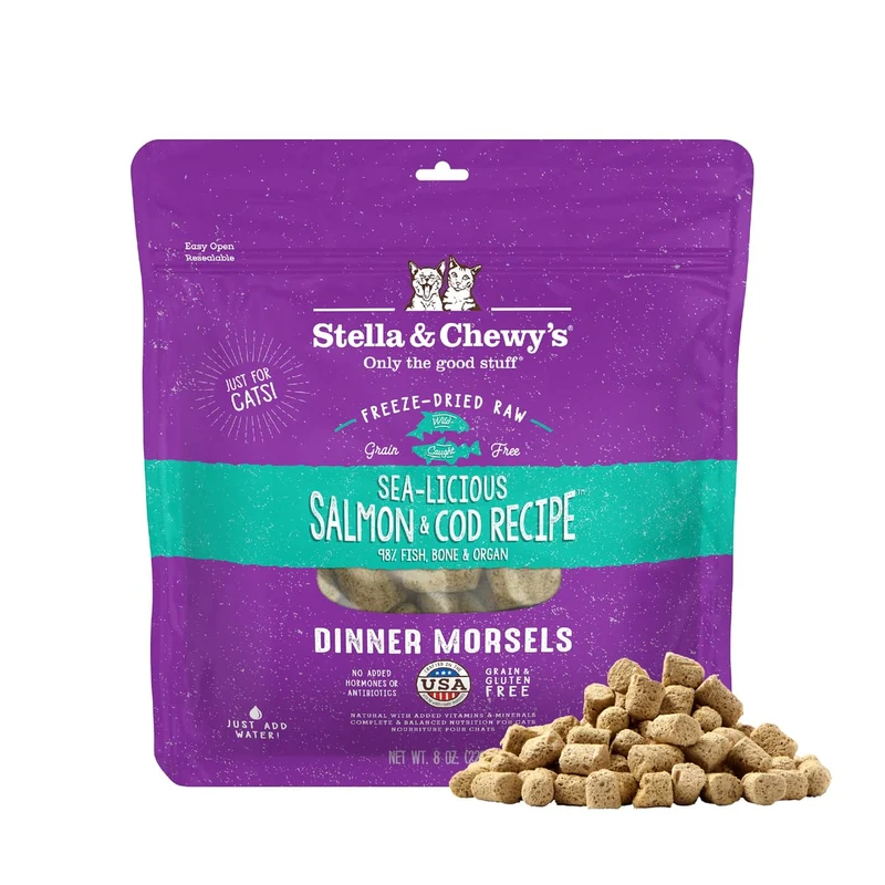 Stella & Chewy's Morceaux Crûs Lyophilisés pour Chat — Saumon & Cod, 98% Poisson Sauvage, Sans Céréales, Fabriqué USA - 8 oz