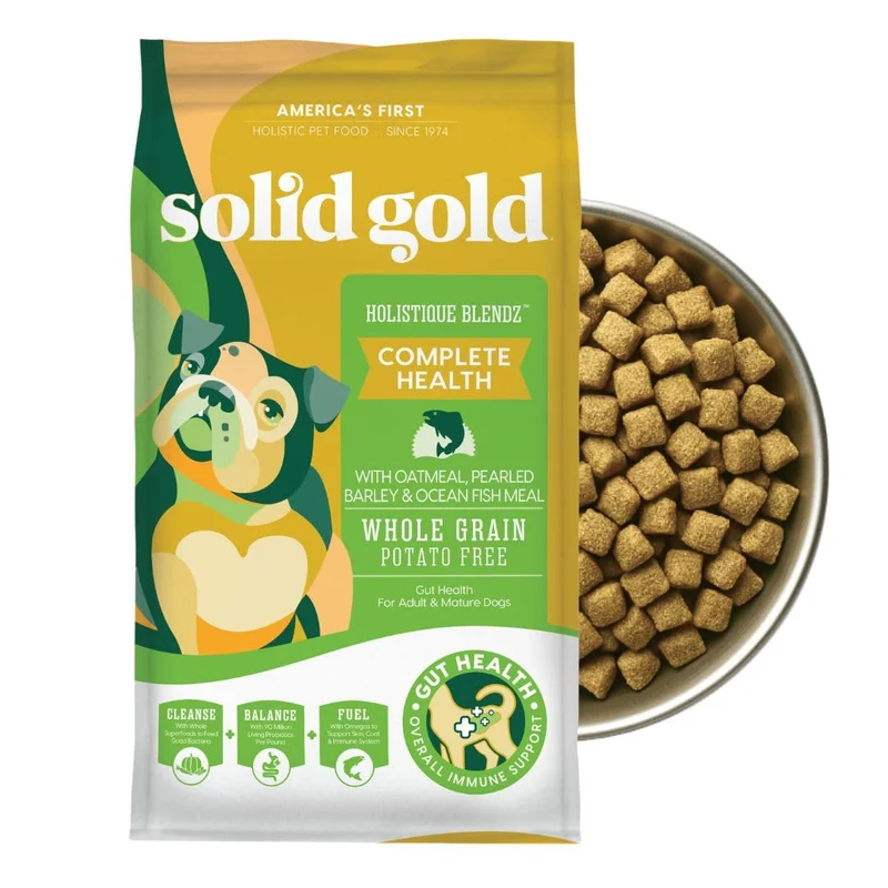 Solid Gold – Croquettes sèches pour chien adulte et senior – céréales complètes, avoine, orge perlée, poisson – sans pommes de terre – haute teneur en fibres (1,8 kg / 4 lb)