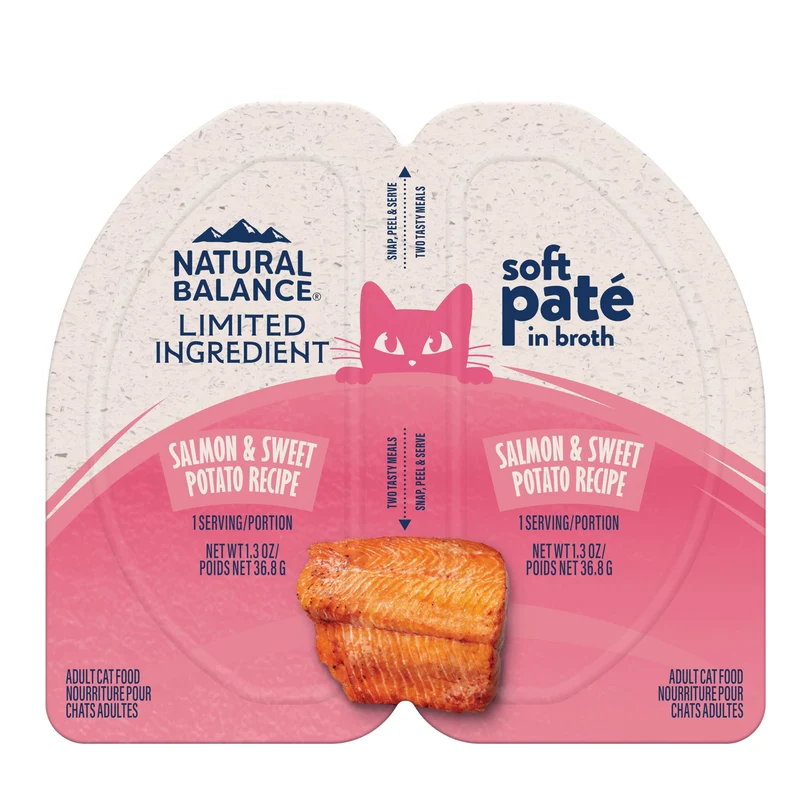 Natural Balance – Pâté humide à ingrédients limités pour chats : saumon et patate douce, portions divisées, estomac sensible (10 × 2,6 oz)