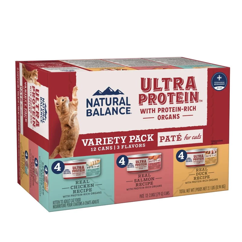 Natural Balance Ultra Protein Pâté pour Chat — Recettes Variées, Protéines Élevées, 2,8oz, Boîte de 12