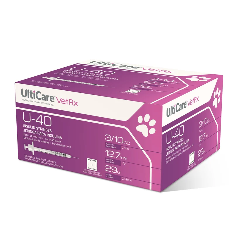 UltiCare VetRx U-40 Seringues Insuline Animaux 3/10cc 29G Demi-Unité 100 Pièces