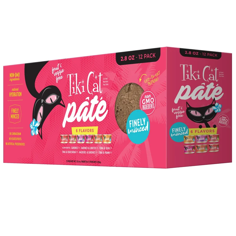 Pack Variété Tiki Cat Grill Pâté – Morceaux réels de poisson, protéines élevées et humidité élevée, 12 boîtes de 2,8 oz