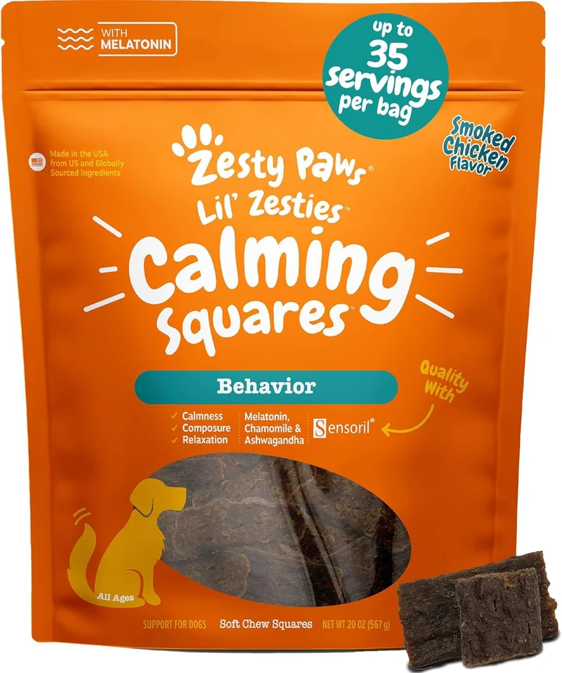 Zesty Paws Friandises Molles Saveur Poulet Fumé – Calme et Bien-être pour Chiens, Ashwagandha, Mélatonine, Camomille – 20 oz