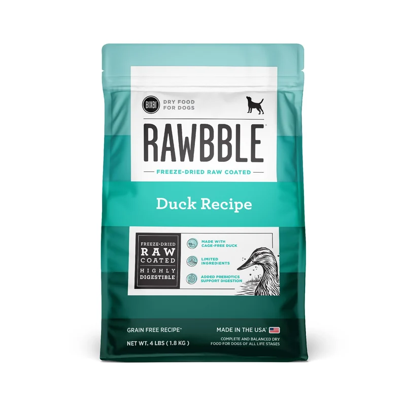 BIXBI Rawbble – Nourriture sèche pour chiens enrobée cru lyophilisé au canard – Sans céréales – Fabriqué aux États‑Unis – 1,8 kg