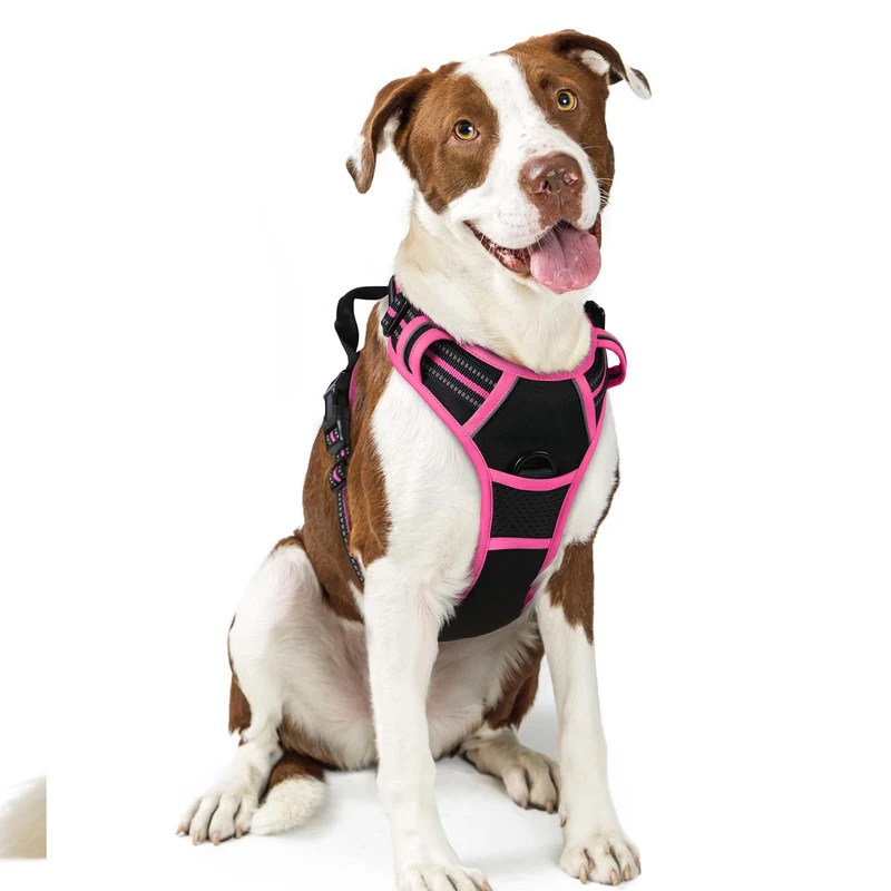 Rabbitgoo Harnais Chien Anti-Tirage – 2 Attaches, Rembourrage Doux, Poignée de Contrôle, Réfléchant, Taille L (Noir & Rose)