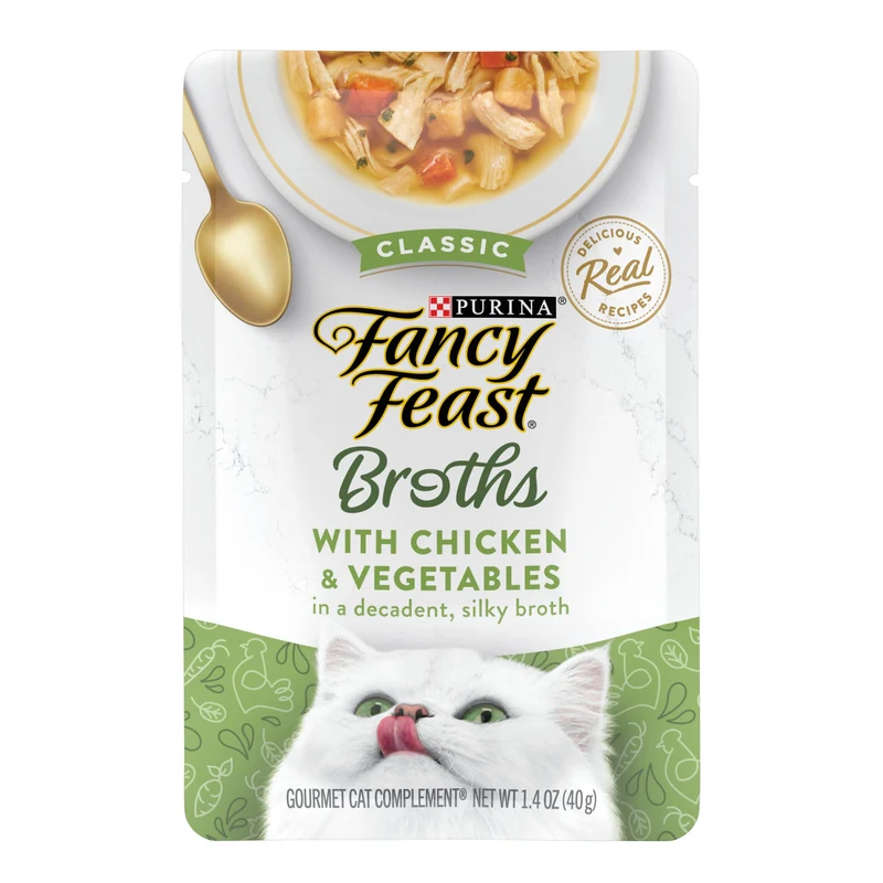 Purina Fancy Feast Broths Classic – Bouillon pour Chat (Poulet et Légumes), Lot de 16 Sachets 1,4 oz