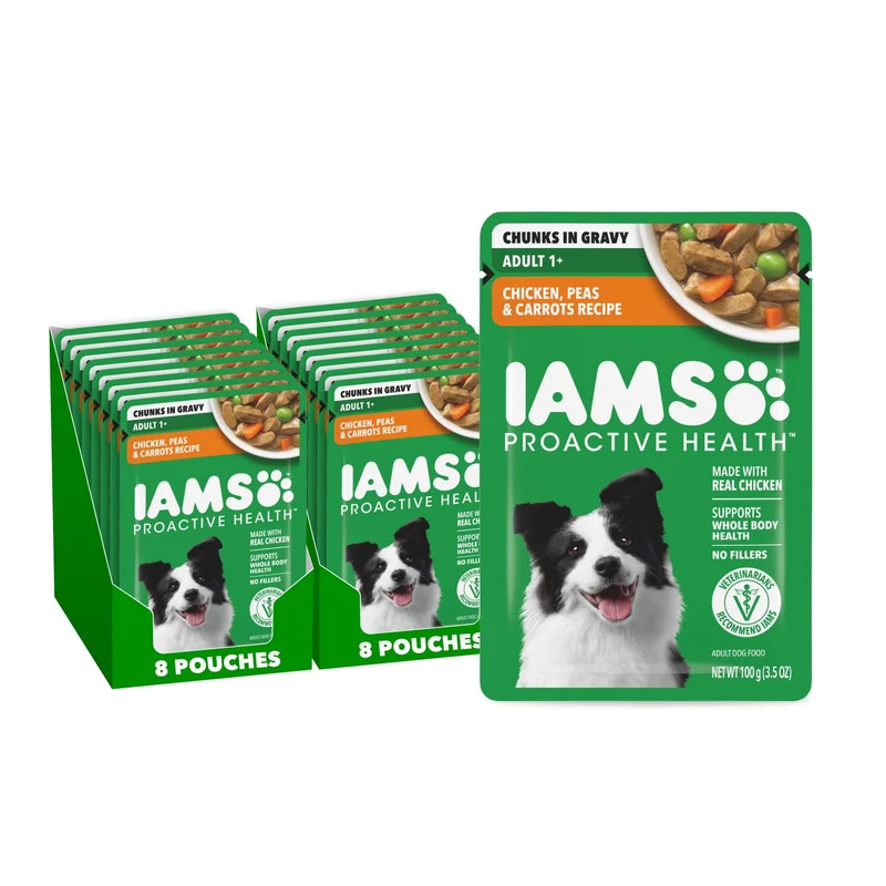 IAMS Proactive Health - Nourriture humide pour chien adulte au poulet, pois et carottes - Sachet 3,5 oz (16 sachets)