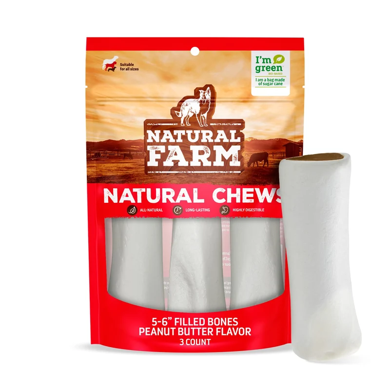 Natural Farm Os Remplis au Beurre de Cacahuète (5–6 po, Lot de 3) — Friandises Dentaires à Ingrédients Limités pour Chiens de Petites, Moyennes et Grandes Tailles
