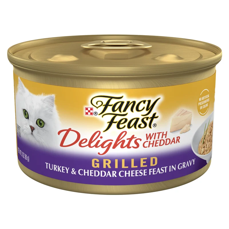 Fancy Feast Delights Dinde Grillée et Cheddar – 24 Boîtes 3 oz, Nourriture humide pour chat adulte