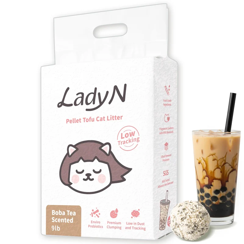 Lady N Pellet Tofu Litière Chat – Senteur Boba Tea, Agglomération Forte, Ultra Absorbante, Sans Poussière, Contrôle d’Odeur Probiotique, 9 lb