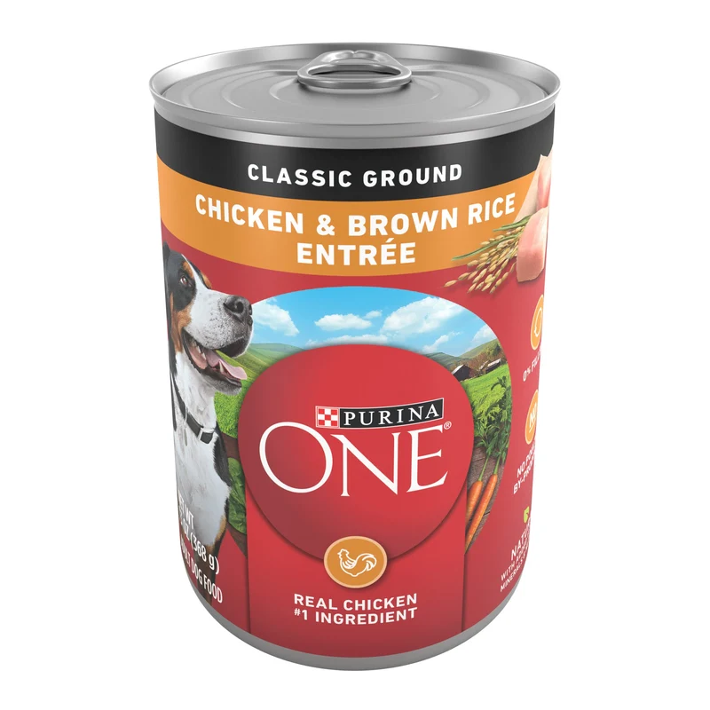 Purina ONE Classic Patee humide pour chien adulte - Poulet hache et riz brun, Lot de 12 boites de 374 g