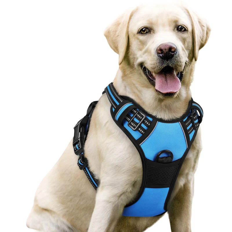 rabbitgoo Harnais anti-tirage pour grands chiens – Doux, Réglable et Réfléchissant, Bleu, Taille L
