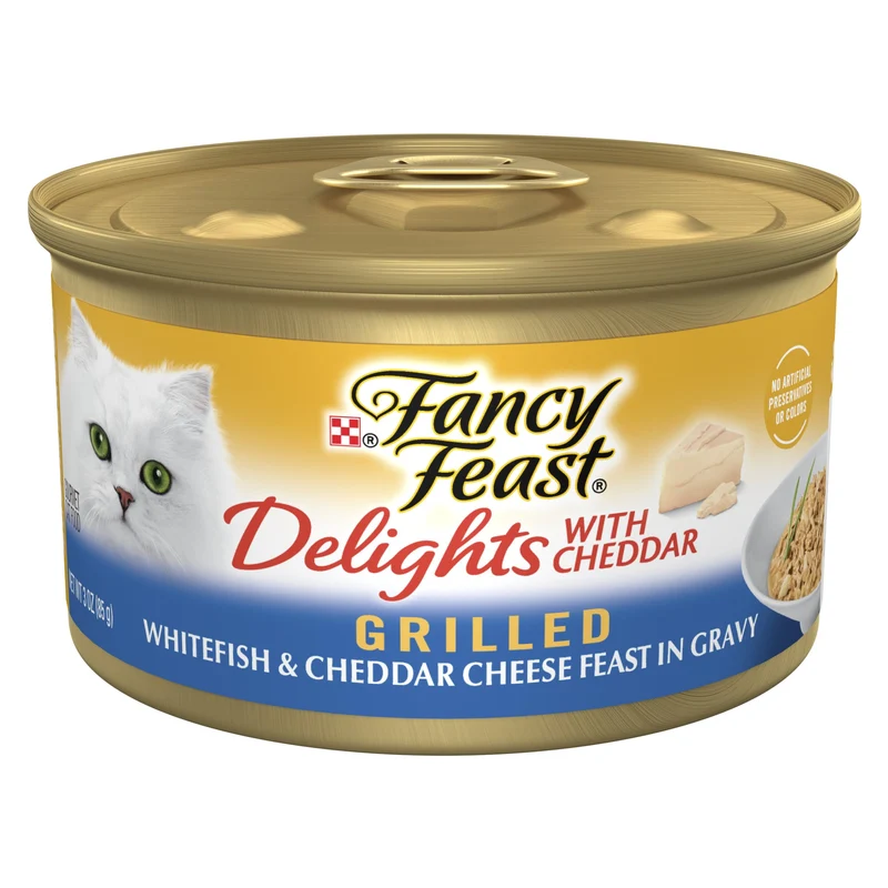 Fancy Feast Delights Morue Blanche Grillée et Cheddar — Nourriture humide pour chats en sauce, Pack 24 x 85 g