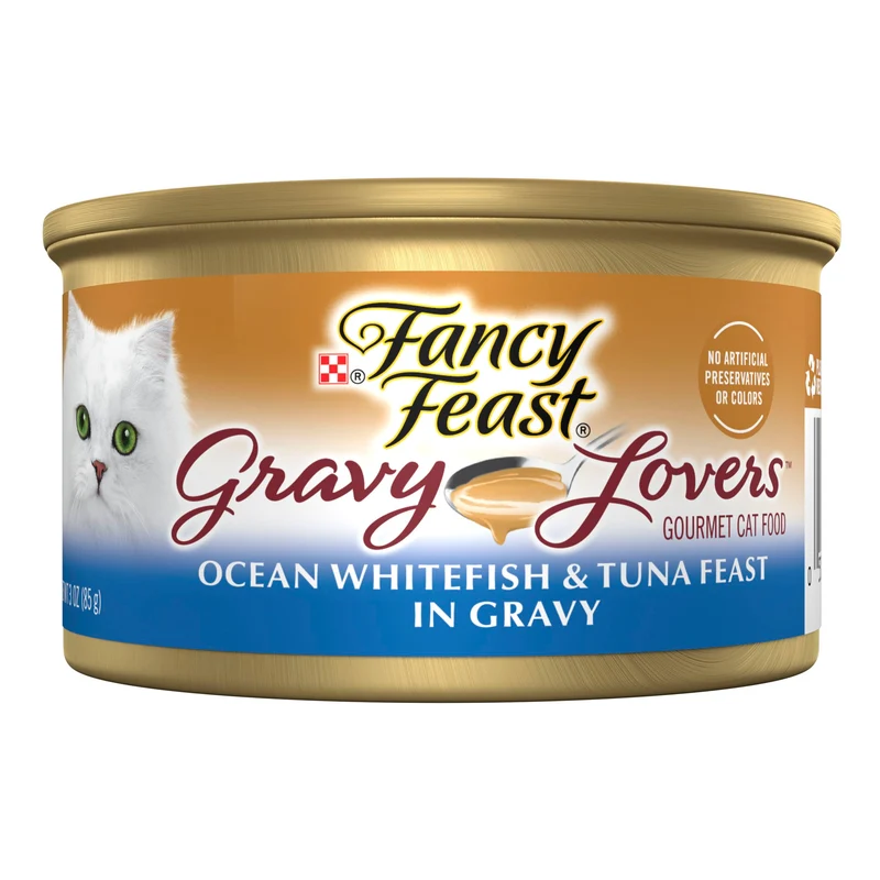 Purina Fancy Feast Gravy Lovers Fletan-Blanc Thon – Repas Humide Gourmet pour Chat, Sauce Savoureuse, Lot de 24 Boîtes 85 g