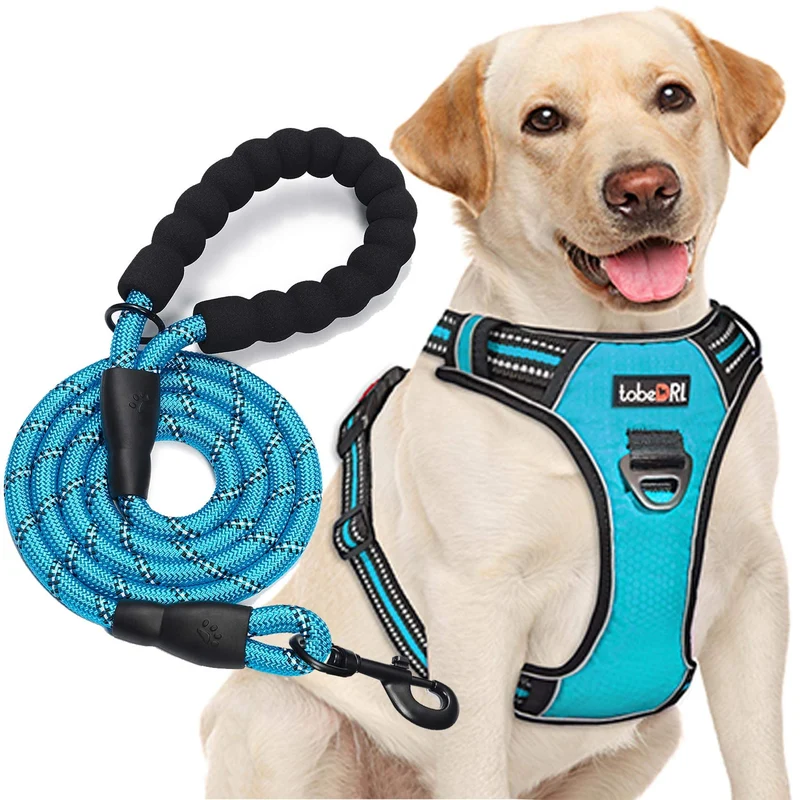 tobeDRI Harnais Chien Sans Tir Réglable Réfléchissant Oxford Bleu + Laisse 5ft – Tailles M/L