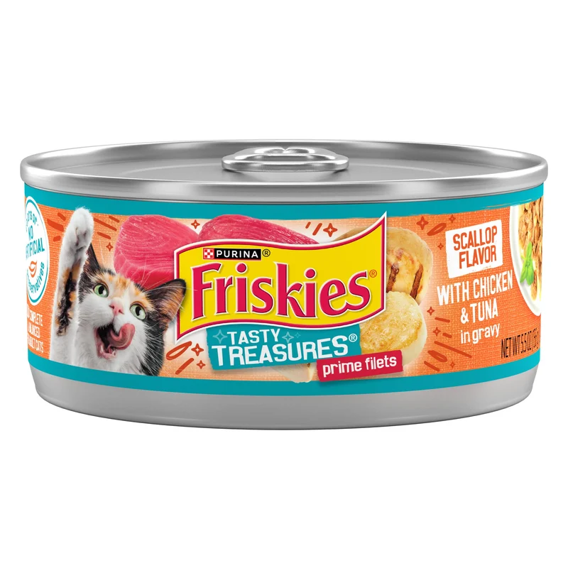 Purina Friskies Tasty Treasures – Aliments Humides au Poulet et Thon dans une Sauce Saveur Coquilles Saint-Jacques (Lot de 24 boîtes de 156 g)
