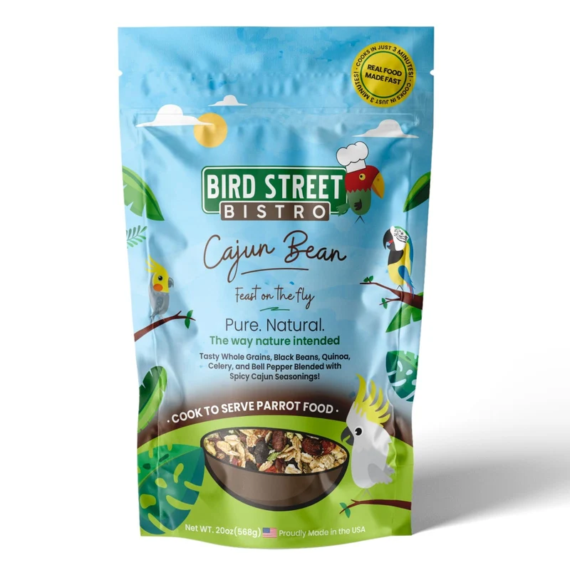 Bird Street Bistro – Alimentation pour perroquets et perruches Cajun Bean, 20 oz – prête en 3–15 min – Fabriqué aux États‑Unis
