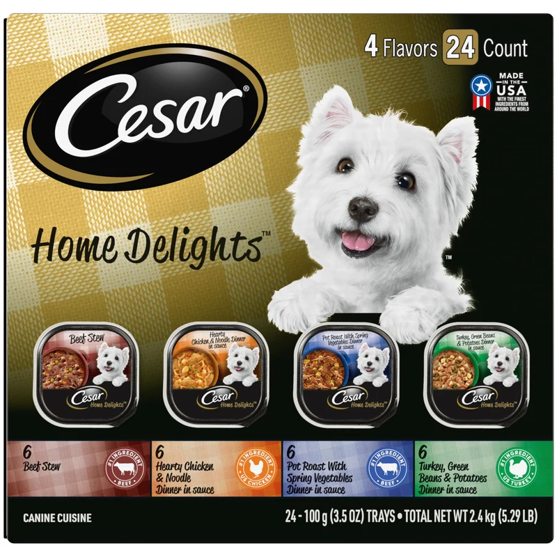 CESAR Home Delights – Pack Dîners Humides pour Chiens Adulte (24 x 3,5 onces) – Pot-Roast, Boeuf, Dinde & Poulet