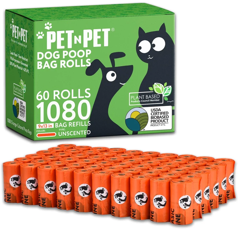 PET N PET Sacs Caca pour Chiens — 1080 Sacs, Base Végétale 41% / PE 59%, Extra Épais 9x13 Sans Parfum