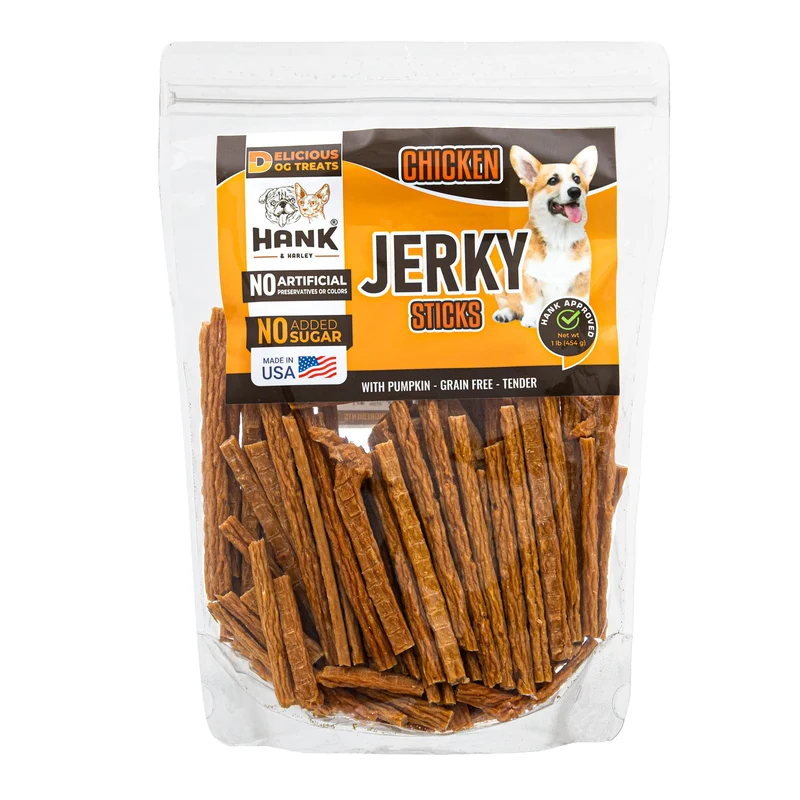 Hank & Harley Bâtonnets de Poulet Jerky – 1 livre, Protéine maigre, Sans sucre ajouté ni farines, Sans céréales, fabriqué aux États-Unis – pour chiens difficiles