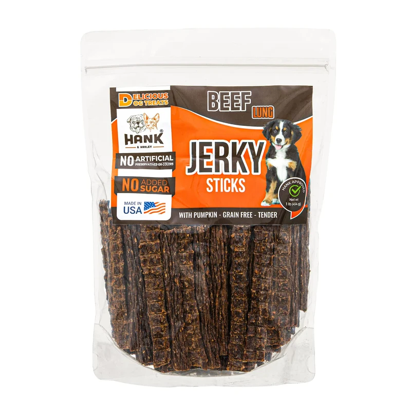Hank & Harley Bâtons Jerky de Poumons de Boeuf 1 lb – Protéine maigre naturelle avec potiron pour chiens