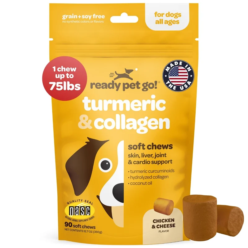 Ready Pet Go! Friandises au curcuma pour chiens — Mobilité et articulation avec collagène | NASC certifié & fabriqué aux États-Unis | 90 friandises