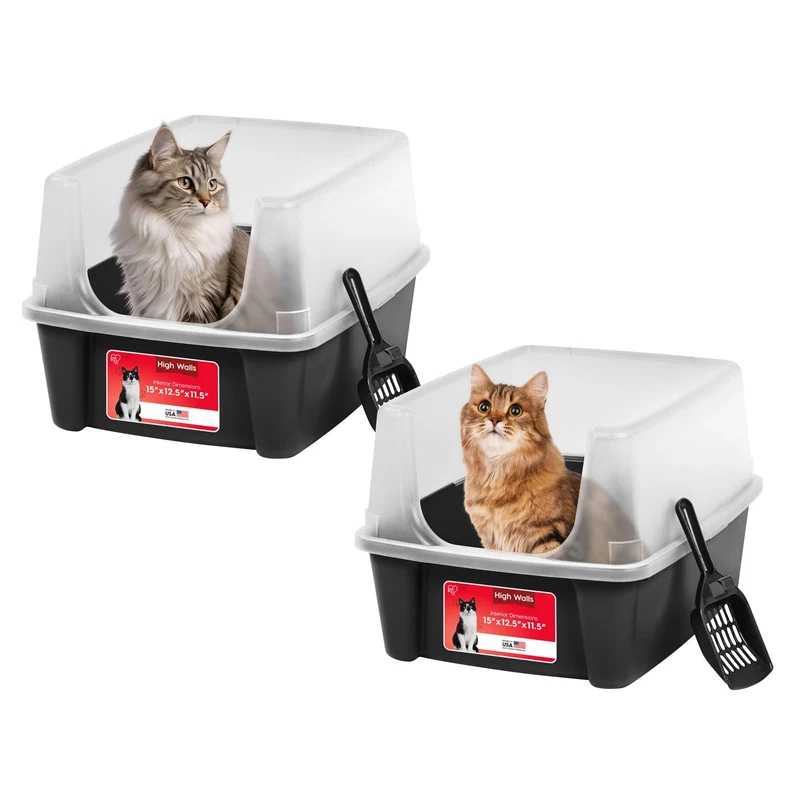 IRIS USA Lot de 2 Bacs à Litière Open Top pour Chats — Hautes Parois, Facile à Nettoyer, Noir
