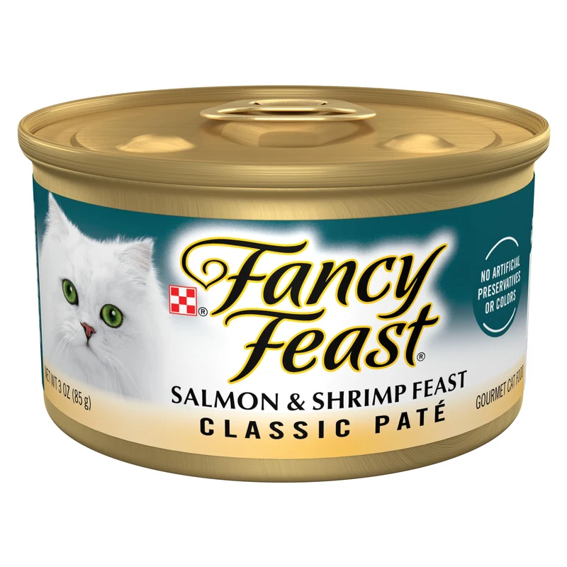 Fancy Feast Saumon et Crevettes – Pâté humide sans céréales, Pack 24 boîtes de 3 oz