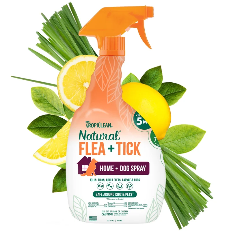TropiClean Spray Puces et Tiques Naturel – Puissance Maximale 32oz pour Chiens et Maison