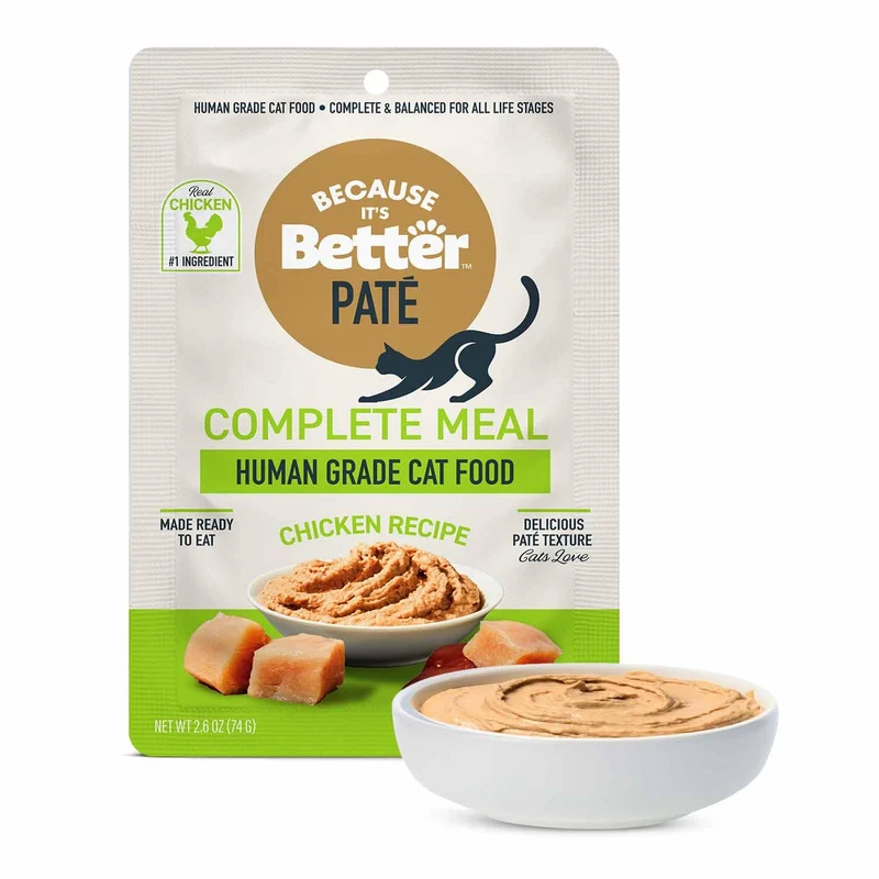 Because It’s Better Pâté Repas Complet — Nourriture humide pour chat au poulet réel — Ingrédients de qualité humaine, sans céréales, texture lisse — 12 sachets de 2,6 oz (74 g)