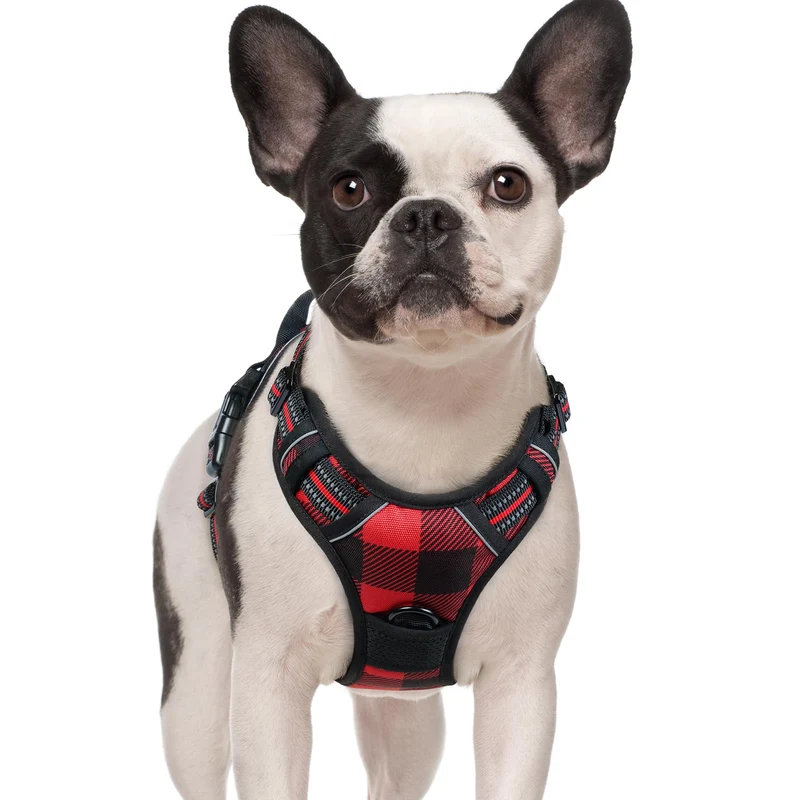 Rabbitgoo Harnais Chien Sans Tirage – 2 Attaches, Rembourrage Doux, Poignée, Réfléchissant, Plaid Rouge, Taille S